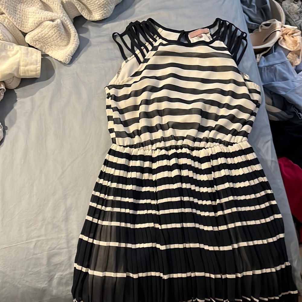 Harper navy blue and white striped mid length dress